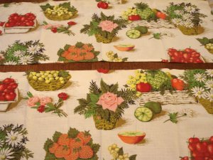 Fruit and flowers kitchen window valance 2 pc 68 inches excellent 1940s barkcloth vintage hc2816