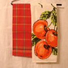 Pair coordinated cotton linen tea kitchen towels fruit plaid vintage hc2834