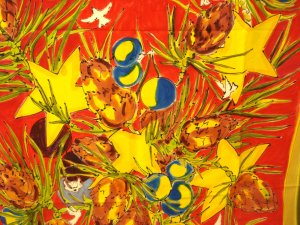 Hand painted signed Christmas tablecloth or wall hanging stars balls vintage linens hc1052