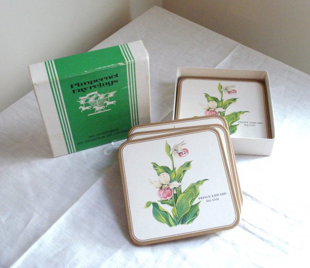 Pimpernel Fayreings drink coasters 6 boxed cork backs Lady Slipper PEI vintage hc2886