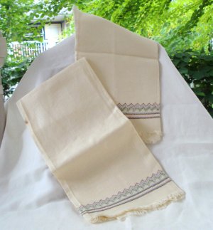 Pair embroidered cream huck hand towels Scandinavian style vintage linen hc2962