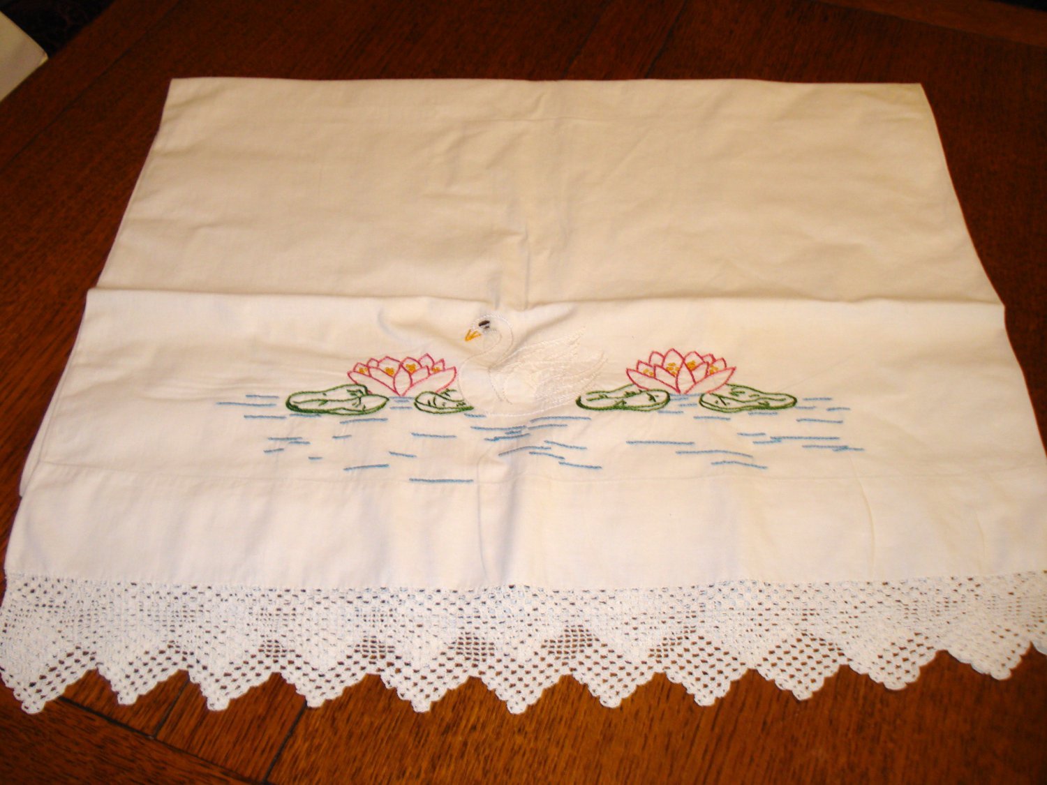 Hand embroidered pillow case cotton swan pond lilies filet lace border