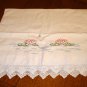 Hand embroidered pillow case cotton swan pond lilies filet lace border vintage hc2994