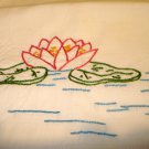 Hand embroidered pillow case cotton swan pond lilies filet lace border vintage hc2994