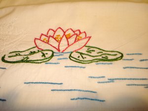 Hand embroidered pillow case cotton swan pond lilies filet lace border vintage hc2994