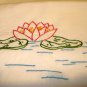Hand embroidered pillow case cotton swan pond lilies filet lace border vintage hc2994