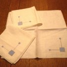 3 Linen luncheon napkins blue applique threadwork Art Deco vintage hc2998