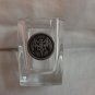 Heavy shot glass with pewter bat emblem on side hc3267