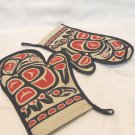 2 Native Canadian designed oven mitts black red tan liners unused unisex hc3367
