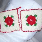 2 Hand crocheted potholders Irish style with red rose centers vintage hc1467