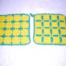 Pair of crocheted potholders hot pads green yellow reversible checks hc1374