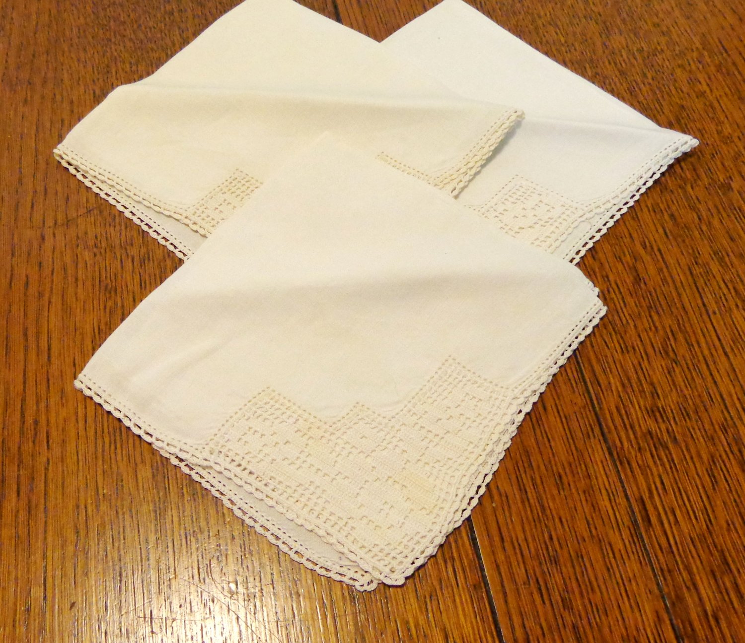 Antique napkins set of 3 off white linen filet lace trim hand crocheted