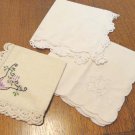 Three single embroidered napkins cotton and linen lace edging vintage hc2382