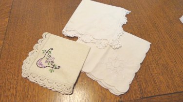 Three single embroidered napkins cotton and linen lace edging vintage hc2382