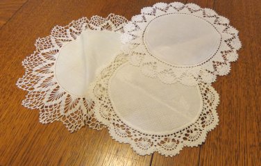 Three small lace edged doilies hand crocheted white linen and cotton centers vintage hc3440