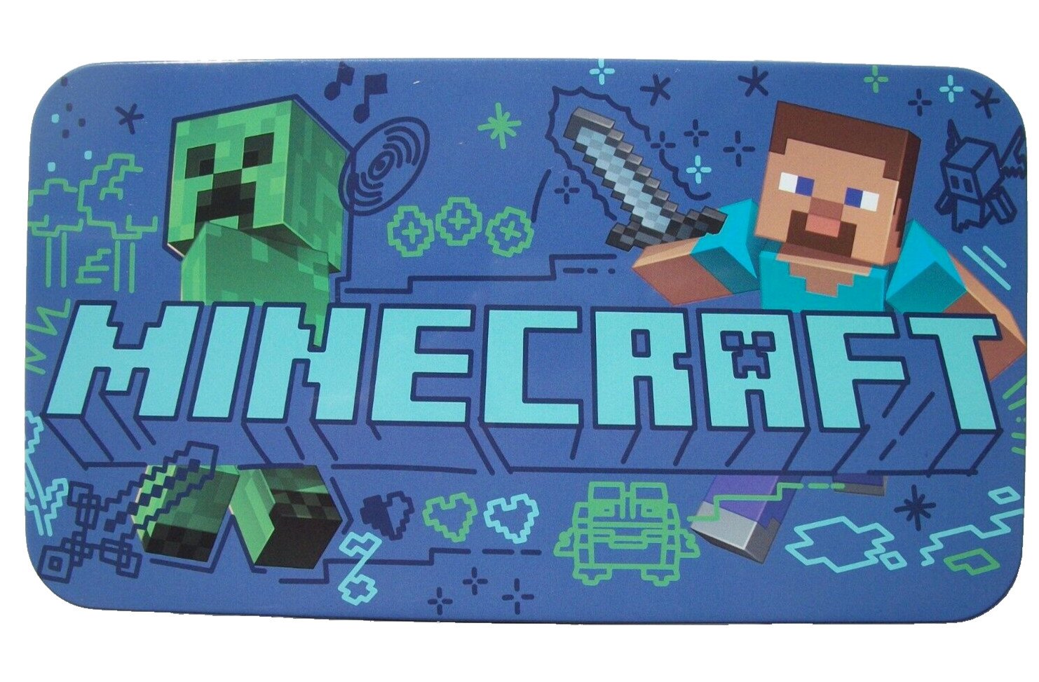 Minecraft Game Blue Pencil Tin Box Container 7.5" Long x 4" Wide x 1 3/4"