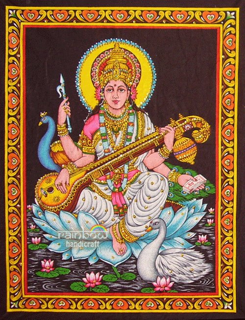 goddess saraswati wall hanging tapestry India hindu sequin ethnic hindu