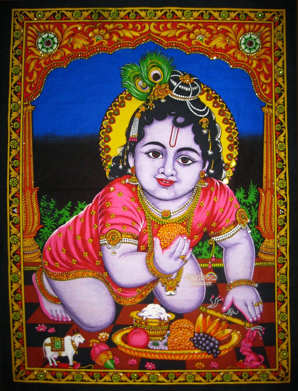 hindu baby krishna sequin wall hanging batik tapestry ethnic decor ...