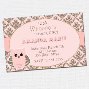 Printable Look Whos Owl Damask Birthday Party Invitations Girl Baby Shower 1st 2nd Pink 4x6 5x7