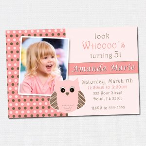 Printable Look Whos Owl Polka Dots Photo Birthday Party Invitations Girl Baby Shower 1st 2nd Pink