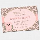10 Personalized Look Whos Owl Damask Birthday Party Baby Shower Invitations Girl Baby 1st 2nd