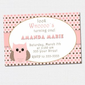 10 Personalized Look Whos Owl Polka dots Birthday Party Baby Shower Invitations Girl Baby 1st 2nd