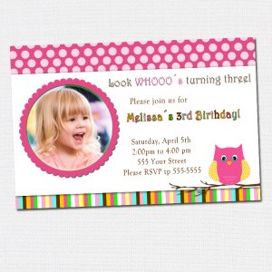 10 Look Whos Owl Polka dots Photo Birthday Party Baby Shower Invitations Girl Baby 1st 2nd