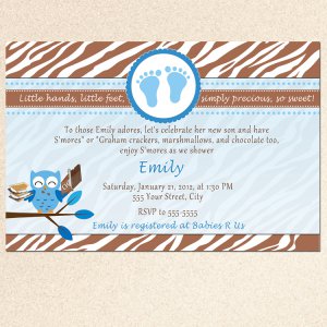 Printable Owl Zebra Camping Chocolate Marshmallows Smores Baby Shower Invitations Boy 4x6 5x7