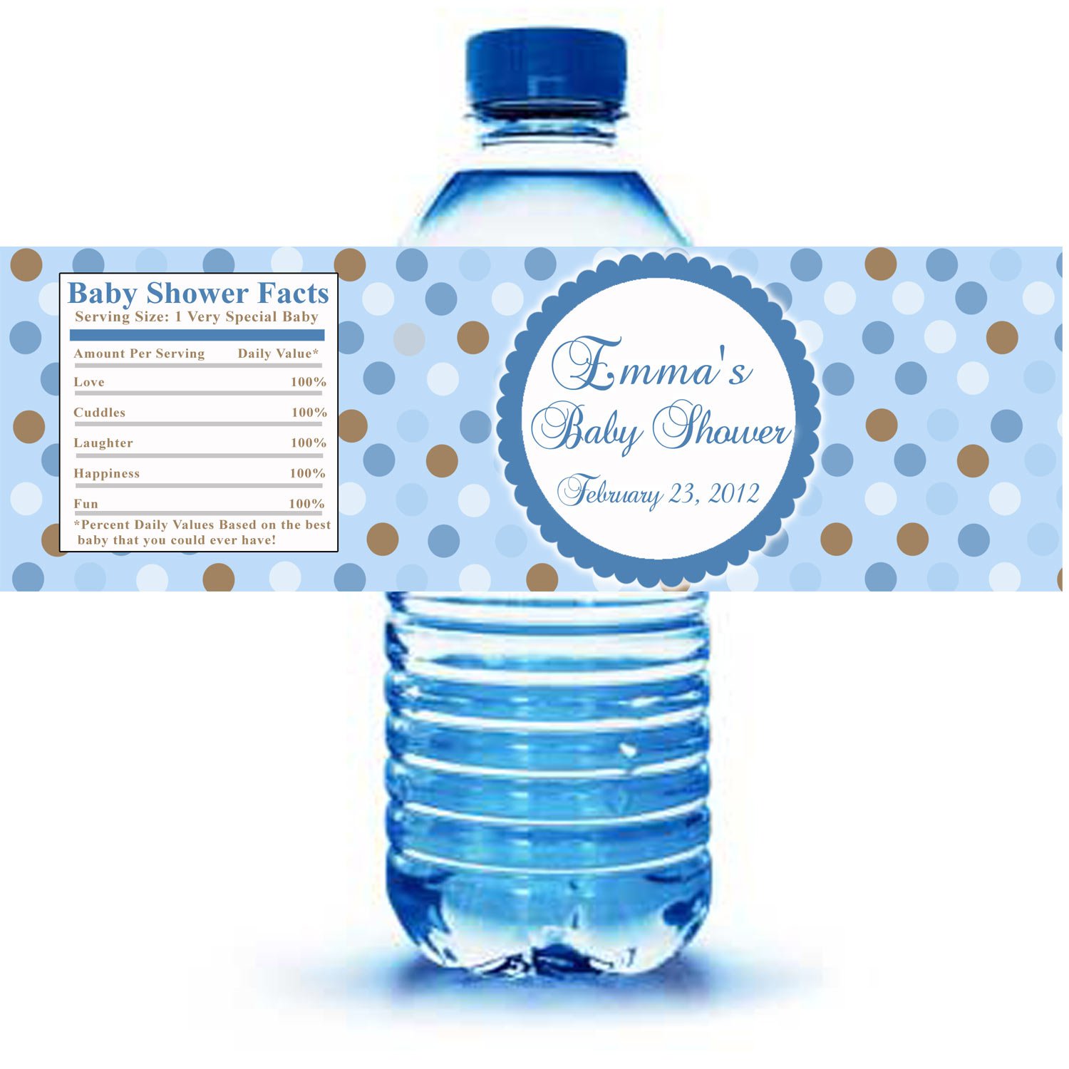 printable blue polka dots water bottle labels wrappers