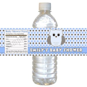 25 Labels Owl Polka Dots Blue Brown Bottle Wrappers Birthday Baby Shower Blue Boys