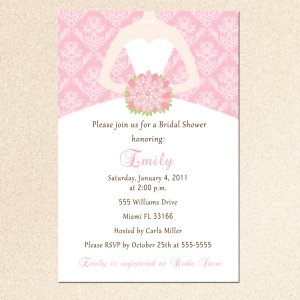 Spring Summer Damask Pink Bridal Shower Invitations White Bride Dress - Printable Personalized