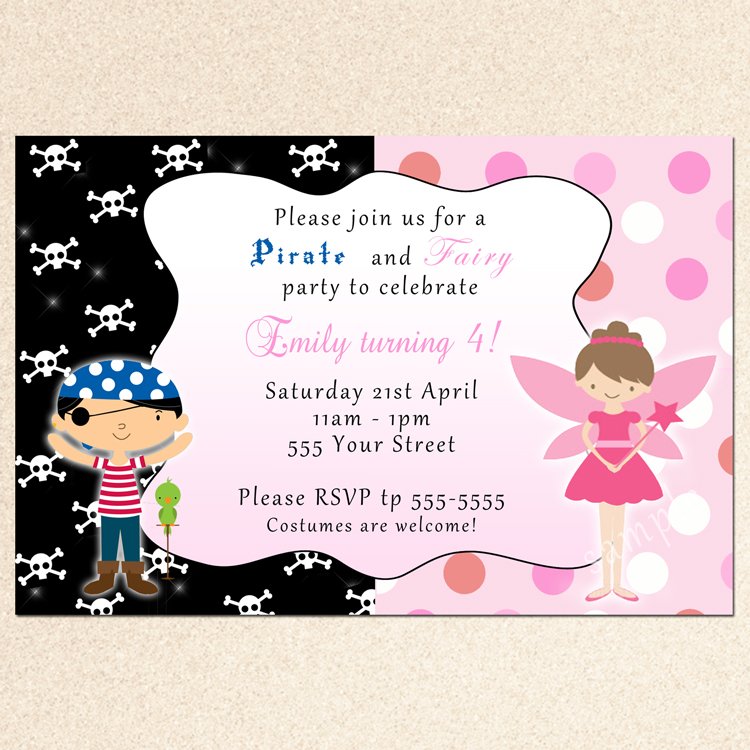 Printable Pirate Fairy Princess Birthday Party Invitations Polka Dots ...