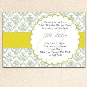 30 Damask Monogram Sage Green Birthday Party Baby Bridal Shower Invitations Personalized