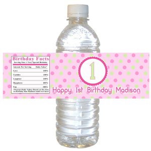 25 Personalized Pink Green Polka Dots Baby Girl Shower or Birthday Bottle Wrappers