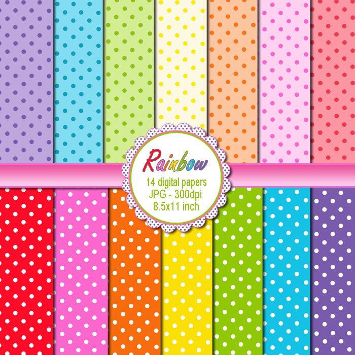 Rainbow polka dots clipart digital printable background paper graphics