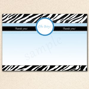 Printable Baby Shower Oh Boy Blank Thank you Card Note Blue White Black Zebra
