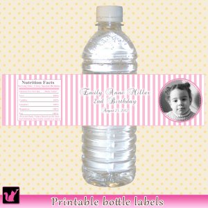 25 Printable Personalized Pink Stripes Photo Water Bottle Labels Wrappers Birthday Girl
