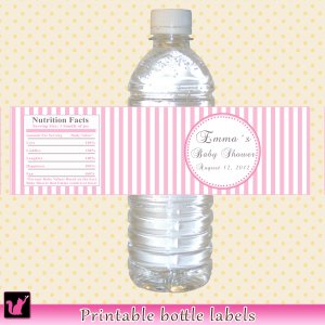 25  Personalized Pink Stripes Photo Water Bottle Labels Wrappers Baby Shower Girl