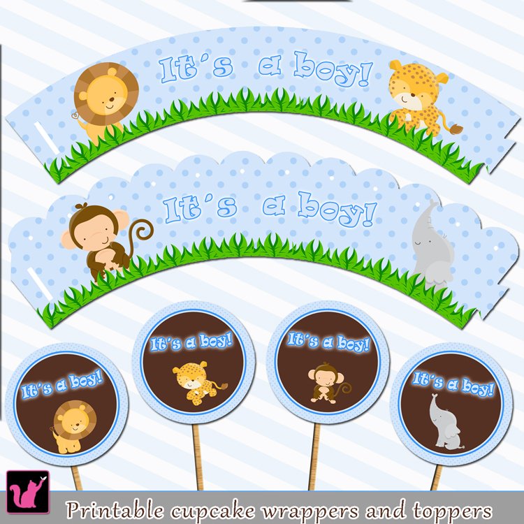 Printable Jungle Cupcake Toppers Baby Boy Shower or Birthday