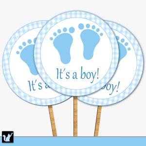 20 Personalized Cupcake Toppers Baby Boy Shower Blue baby Feet Treads