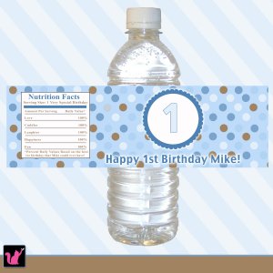 25  Personalized Blue Brown Polka Dots Bottle Labels Wrappers