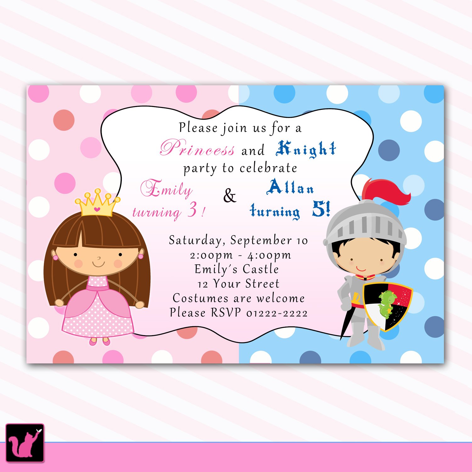 Printable Knight Fairy Princess Birthday Party Invitations Polka Dots ...