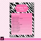 Printable Zebra Wishes for Baby Card - Baby Shower Girl Hot Pink Custom Cute Adorable