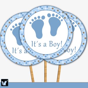 20 Personalized Cupcake Toppers Baby Boy Shower Blue baby Feet Treads