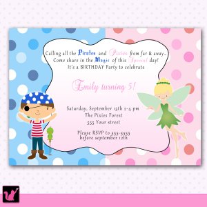 Printable Pirate Fairy Pixie Princess Birthday Party Invitations Polka Dots Girl Baby Print Yourself