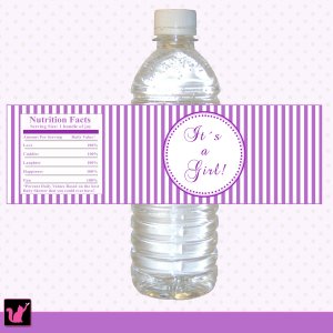 printable purple stripes lines water bottle labels wrappers its a girl or happy birthday