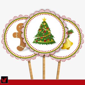 Printable Christmas Party Trees Bells Ginger Cupcake Toppers