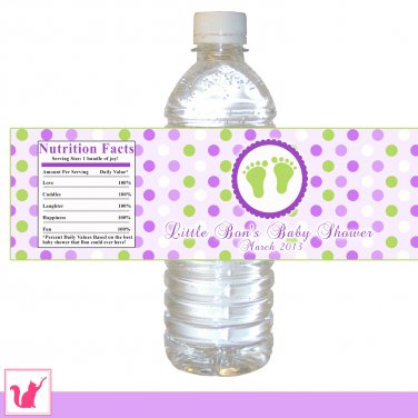 25 Personalized Baby Feet Polka Dots Baby Shower Water Bottle Label Stickers