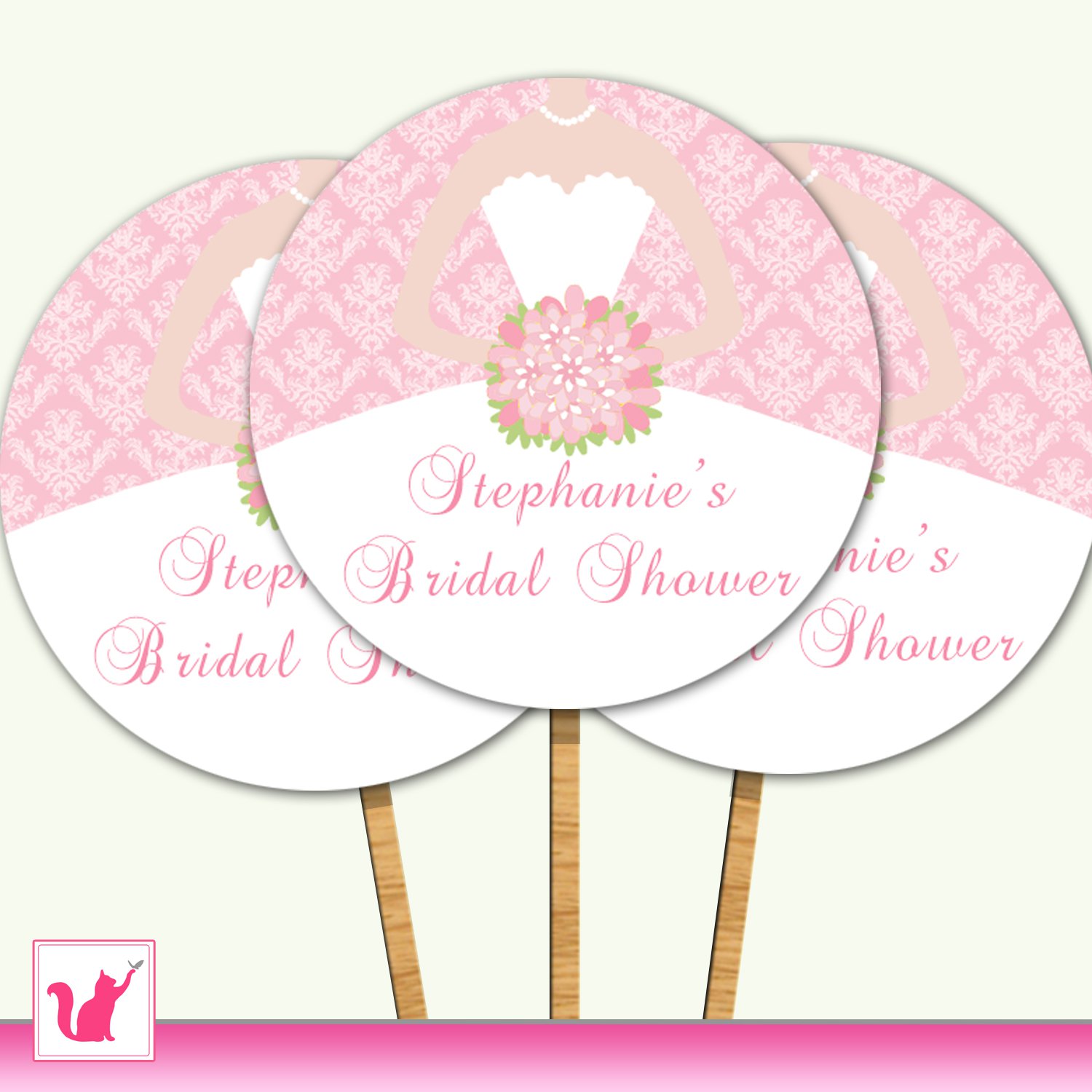 Printable Personalized Bridal Shower Damask Pink Cupcake Topper