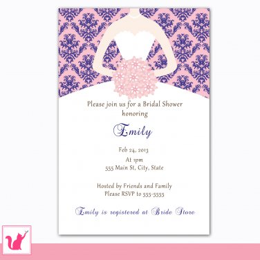 Printable Personalized Damask Navy Blue Pink Bridal Shower Invitations